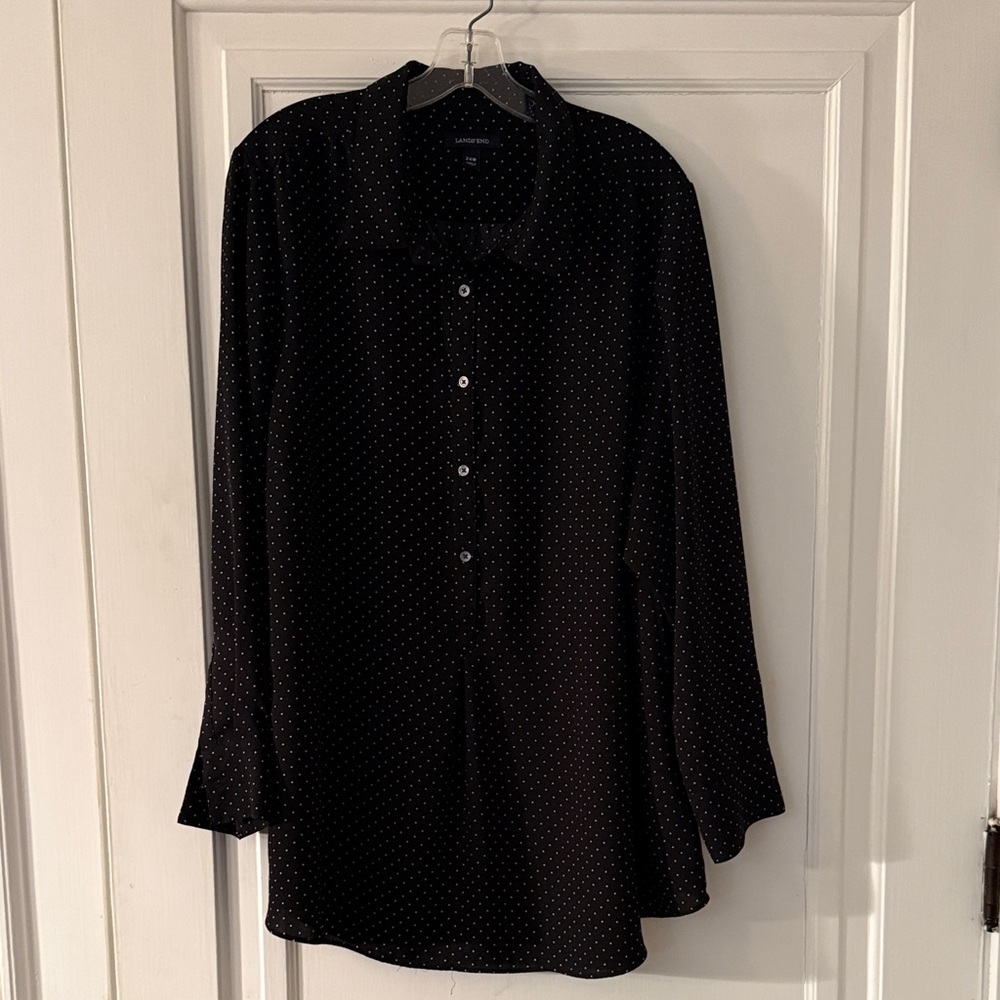 Lands' End Black Blouse with White Polka Dots
